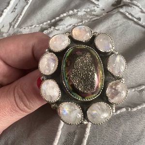 M&S Sterling silver colorful druzy and moonstone cluster ring